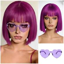 Cyberpunk Bob Wig & Glasses Set - 20+ Neon Colors With Adjustable Fringe | Multi-Tone Synthetic Hair For Cosplay, Rave, Halloween & Daily Bold Fashion (Hot Red/Lime Green/Orange/Light Pink/Plum Purple/Neon Blue/Neon Lilac/Golden Blonde/Black) - 中紫紅色 - 查看 4