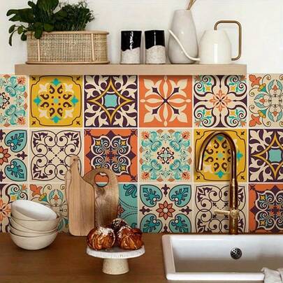 OUTANA Un conjunto de calcomanías de pared para cocina con patrón de paisley retro de colores PVC. Autoadhesivas, fáciles de limpiar, removibles y libremente combinables con adhesivos cuadrados para azulejos, adecuadas para la decoración de habitaciones, salas de estar, balcones, cocinas, baños, chimeneas, escaleras y paredes de acento. Una gran adición a la decoración de su hogar, disponible en dos tamaños: 5.9 X 5.9 pulgadas / 15 X 15 cm y 7.87 X 7.87 pulgadas / 20 X 20 cm.