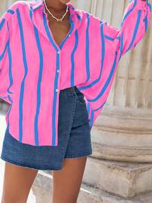 女士粉色条纹宽松衬衫，优雅开衫上衣，适合通勤、日常穿着、情人节、外出，甜美风格，春夏款 - 粉紅藍 - 查看 3