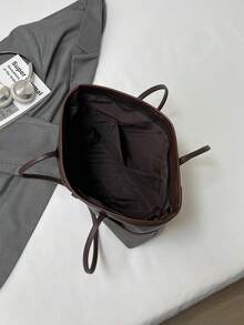 Minimalist Luxury Commuter Tote Bag, Practical Front Pocket, Large Capacity Solid Color PU Handbag For Daily Use And School - Coffee - View 7