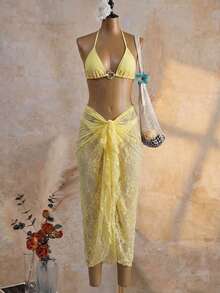 Bộ đồ bơi 3 món dành cho nữ, bikini gợi cảm kèm áo khoác ren, màu trơn, kiểu dáng thanh lịch, hở lưng, buộc dây, phong cách bohemian, thích hợp cho tiệc tùng, kỳ nghỉ, đi biển. - Màu vàng - Xem 7