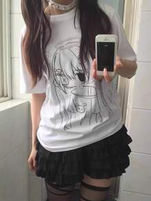 2026 Summer New Arrival Round Neck Casual Loose Anime Girl Printed Sweet Retro Y2K College Style 100% Cotton Short Sleeve T-Shirt - White - View 1