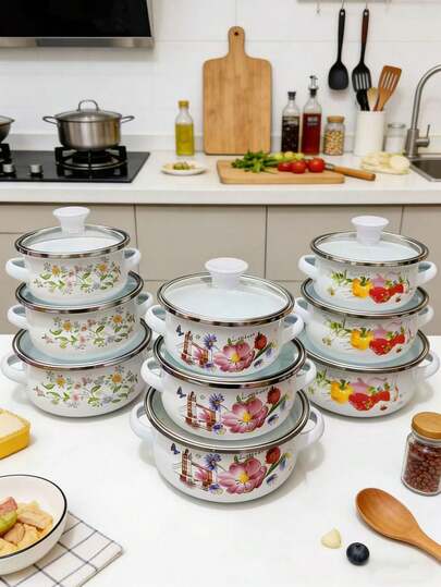 3pcs Enamel Porcelain Soup Pot Set, Enamel Mini Pots For Baby Food, Porridge, Milk, Noodles, Dual-Ear Soup Pot, Enamel Covered Bowl, Suitable For Induction Cooktop And Gas Stove