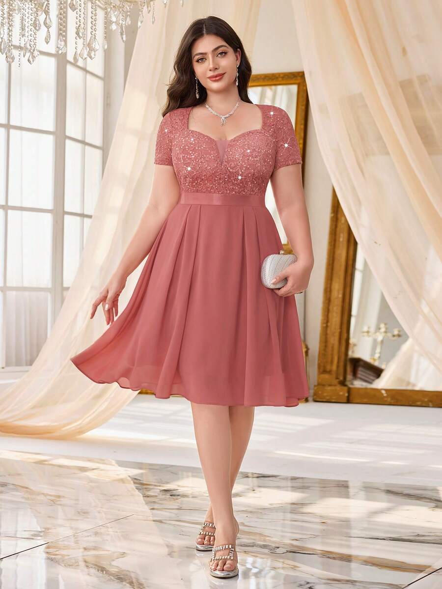 Đầm dạ hội cỡ lớn, cổ chữ V sâu, đính sequin, ren hoa, phối màu tương phản, viền bèo nhún, chất liệu chiffon, thích hợp cho dạ hội, tiệc bán trang trọng, dự đám cưới, sinh nhật, lễ tốt nghiệp, lễ hội và các dịp khác, kiểu dáng thanh lịch mùa hè. - Bụi hồng - Xem 1
