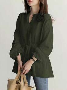 Plus Size Women V-Neck Drawstring Waist Casual Blouse, Loose Fit Long Sleeve Tie Front Shirt For Commute/Daily Wear - Army Green - View 5