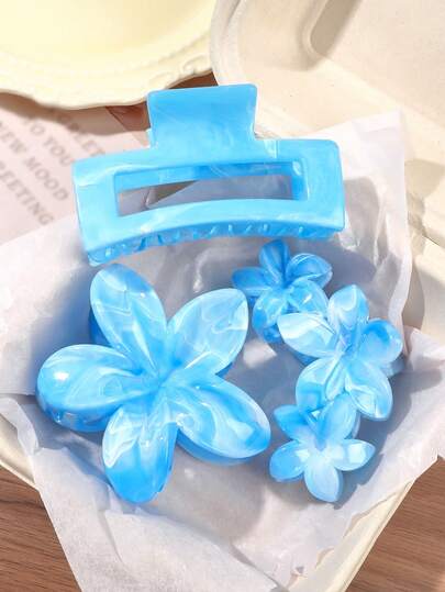 3pcs Sky Blue Square Flower Combination Hair Clips Set, Including Large Claw Clip, Hair Claw, Half Bun Clip, Bohemian Style For Travel, Beach, Street Fashion