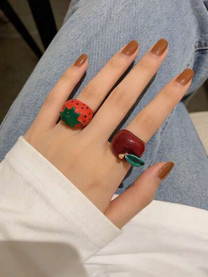 1 pieza Anillo de resina con diseño 3D de fresa y manzana, adecuado para uso diario de mujeres