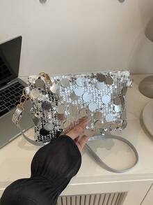 1 chiếc túi vuông nhỏ bằng PVC đính sequin, kiểu dáng chần bông, có thể đóng mở, dùng làm ví đựng tiền xu và điện thoại, túi dự tiệc, túi đeo chéo thời trang mới, túi đeo vai lấp lánh sang trọng, phù hợp cho phụ nữ tham dự tiệc và các sự kiện. - Bạc sáng - Xem 6