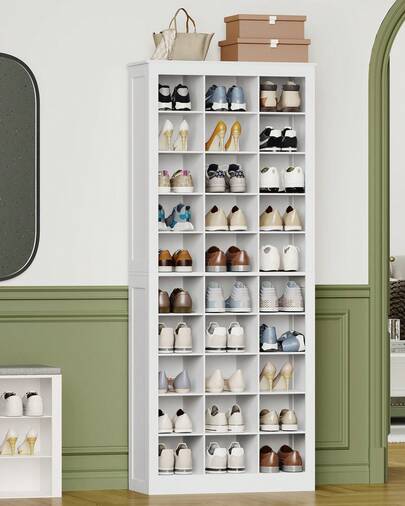 HEXCELEN Shoe Storage Cabinet, Shoe Rack With 30 Compartments, Shoes Cupboard With Removable Shelves For Any Shoes, Wooden Rack Organizer For Entryway, Living Room, 73 X 31 X 178 Cm, White
