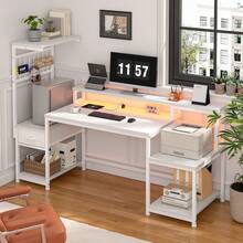 EnHomee 55"Gaming Desk With LED Lights & Outlets Computer Desk With Monitor Stand, Drawers & Storage Shelves, Printer Space For Game Room Home Office Bedroom - Xem 9