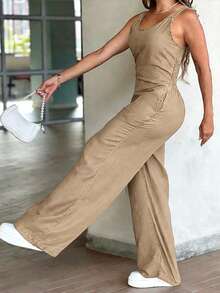Mono informal de verano elegante para mujer con efecto de mezclilla, cuello en V, sin mangas, cintura fruncida, piernas anchas y bolsillos laterales - Marrón - Ver 4