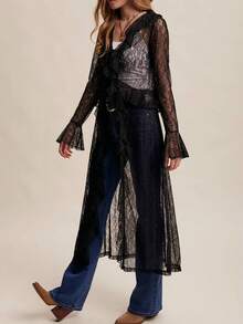 Women Lace Mesh Flowy Maxi Top Tie Front Cardigan Sheer Long Sleeve Ruffled Layering Shirt Cover Up - Black - View 4