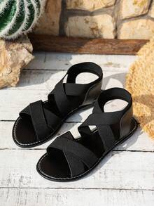 Women's Wide Width Flat Sandals, Fashion Elastic Band Comfy Loose Breathable Outdoor Casual Lightweight Sandals, Elegant For Party, Event, Beach Wide Fit,Travel Essentials For Summer - Black - View 5