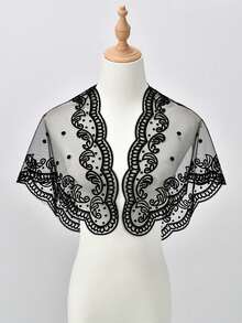 1件装女士新款3D植绒提花波浪边人像三角围巾，优雅教堂/婚礼圣母玛利亚面纱，头巾，时尚百搭透气祈祷披肩 - 彩色 - 查看 2