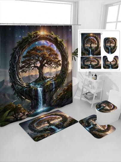 1/4pcs Fantasy Tree Of Life Landscape Mysterious Atmosphere Pattern Printed Waterproof Bathroom Curtain Set, Tranquil Healing, Waterproof Mildew-Proof, Thick Polyester, No Drilling Installation, Anti-Slip Mat, Absorbent Toilet Mat, Digital Printing, Fade-Resistant, Machine Washable, All Season, Holiday Limited Edition