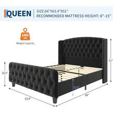 Marco de cama tapiceada de terciopelo, Cama de plataforma reina / rey con cabecera y pie de espalda con botón profundo, No se necesita muelle de caja, Capacidad de 1000lb - Negro-Queen Size - Ver 2