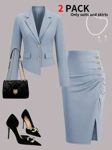 Women's Elegant Commuter Style Blazer Jacket Paired With Split Hem Skirt 2 Pieces Set, Spring/Summer - Light Blue 7 - View 2