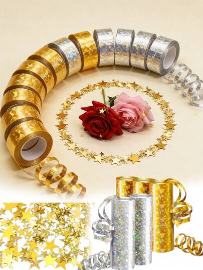 طقم إكسسوارات للصور الفوتوغرافية للمناسبات، يشمل 10 لفات من شرائط الحفلات، بريق ذهبي معدني، و 30 جرام من الترتر بشكل نجوم لامعة - مناسب لديكور حفل التخرج، الزفاف، حفلة عيد الميلاد وإعداد ديكور مختلف للحفلات المناسبات