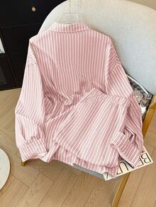 PARARAL Plus Size Women's Fashion Resort Striped Embroidered Long Sleeve Shirt & Wide Leg Pants 2-Piece Set, Casual Vacation Outfit For Women, Spring Elegant Pink - Pink - View 3