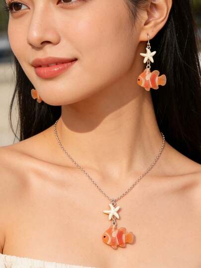 3pcs Fashionable Starfish And Small Fish Pendant Necklaces, Starfish Necklace, Small Fish Necklace, Marine Life Necklaces, Daily Jewelry Gift For Women