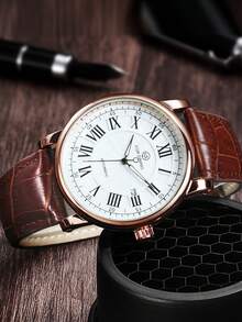 1pc Fashion Casual Automatic Mechanical Watch For Men Business Calendar Luminous Hands Leather Strap Classic Luxury Men Watches - one-size - View 4