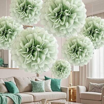 Dusty Sage Green Tissue Paper Pom Poms - Hanging Paper Flowers For Botanical Neutral Bridal Shower Wedding Birthday Graduations Christmas And Special Occasions(