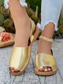 planare Giày sandal đế bằng hở mũi, quai hậu, chất liệu giả da, kiểu dáng thường ngày, thoải mái, màu vàng kim, thích hợp cho nữ, đi nghỉ mát. - Vàng - Xem 6