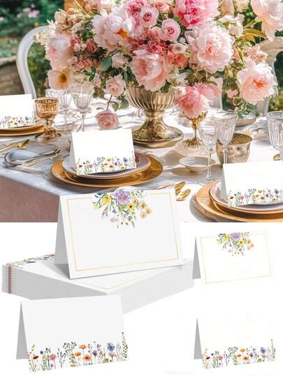 50 Piezas Tarjetas de lugar con acentos florales, tarjetas de nombre plegadas para recepción de boda, despedida de soltera, asignación de asientos, tarjetas de mesa, etiqueta de lugar, tarjeta de lugar, tarjetas de mesa, etiqueta de tarjetas de mesa, decoraciones de boda, tarjetas de invitados, tarjetas de lugar para fiestas y suministros para fiestas