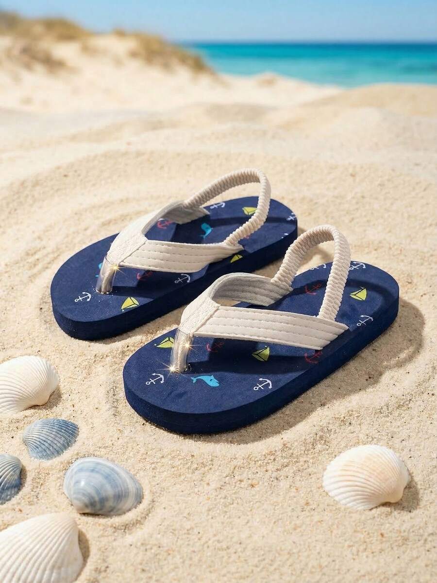 1 Pair Boys' Ocean Themed Boat & Shark Pattern Flip Flops, Navy Blue With Elastic Heel Strap, Lightweight Flat Sandals Suitable For Summer Beach, Vacation And Daily Wear (Random Pattern) - Blue - View 1
