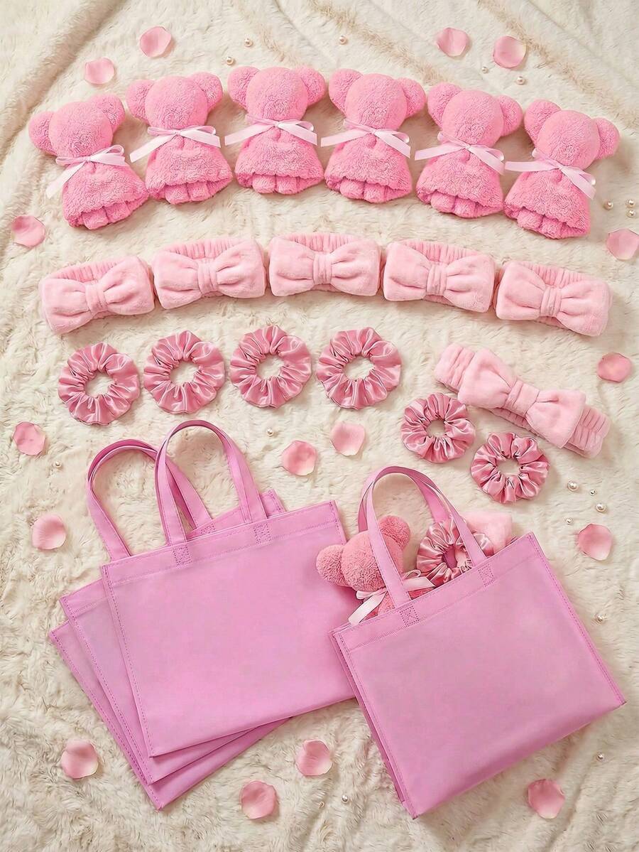 20件套SPA礼品套装 - 5个大号涤纶袋、5个发带、5个发圈、5个毛绒熊布艺玩具 - 非常适合新娘送礼会、单身派对、婴儿派对、母亲节礼物 - 彩色 - 查看 1