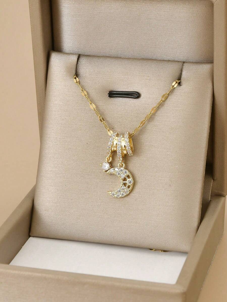 1 chiếc dây chuyền mặt trăng đính đá Cubic Zirconia thời trang bằng thép không gỉ dành cho nữ, trang sức vàng, dây chuyền vàng, thích hợp cho mùa hè, kỳ nghỉ, tiệc bãi biển, quà tặng, quà sinh nhật. - Vàng - Xem 1
