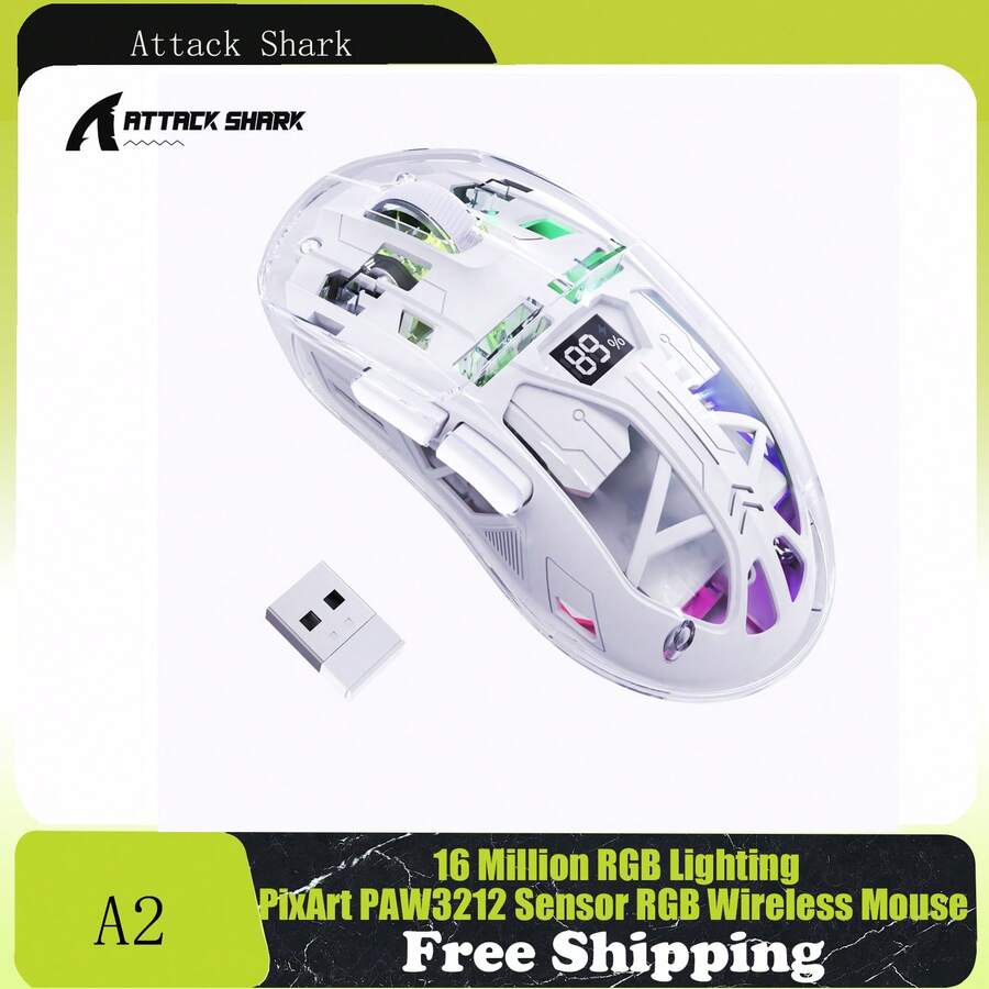 ATTACK SHARK A2 Transparent RGB Wireless Mouse With Battery Level Display 16 Million RGB Lighting, 5 Levels Adjustable DPI, PixArt PAW3212 Sensor, 5 Million Clicks - View 1