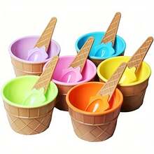 2 Pieces Set (1 Bowl And 1 Spoon) Creative Ice Cream Bowl Set With Stable Base And Spoon | Random Colors (Pink, Blue, Yellow, Green, Orange, Brown) - Suitable For Desserts, Pudding, Italian Ice Cream, Regular Ice Cream - Reusable Party Utensils - Multicolor - View 8