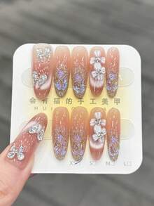 10pcs/Set Press On Nails With Butterfly Design, Spring Summer New Collection, Diamond Clusters, Crushed Crystals, Ultra Sparkly Cat Eye, Chic Handcrafted Nail Art. - Multicolor - View 1