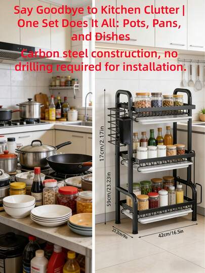 1 Set 3-Tier Large Capacity Kitchen Storage Rack, One-Stop Organization For Tableware & Kitchenware, Tidy And Practical Multi-Function Carbon Steel Rack, Stores Pots/Pans, Keeps The Kitchen Well-Organized