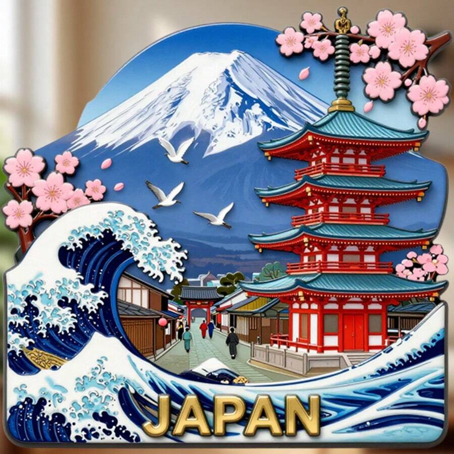 激光切割层叠式日式宝塔浮世绘波浪冰箱贴：轮廓切割无框设计，蓝白红宝塔与巨浪，粉色樱花，城镇房屋与飞鸟——手工打造的浮世绘杰作，装饰您的冰箱 - G - 查看 1