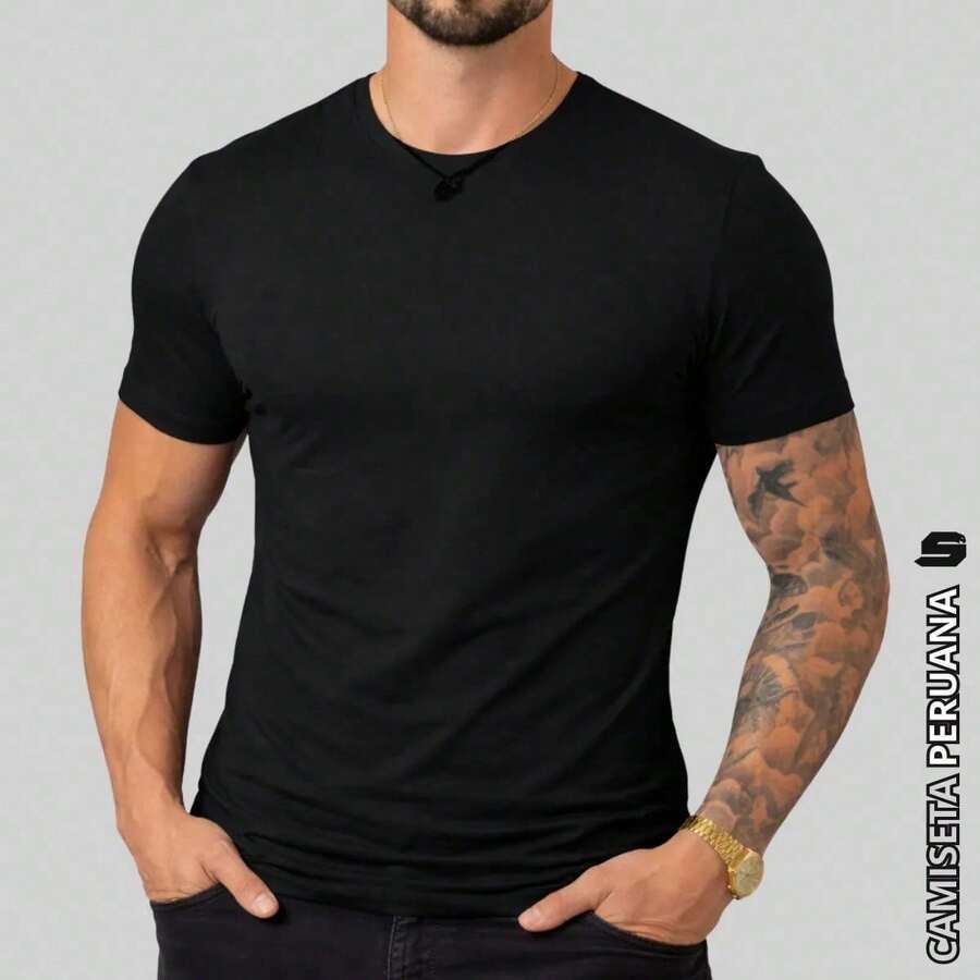 Men's Basic T-Shirt, Plain Cotton, Premium Peruvian Knit - Black - View 1