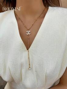 1pc Stainless Steel Gold-Tone Rhinestone Letter C Pig Nose Pendant Y-Necklace, Party Accessory - Yellow Gold - View 9