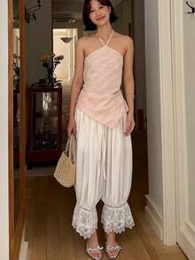 Women's Long Lace Bloomers Casual Loose Fit Stylish Solid Lace Floral Drawstring Mid Rise Crop Pants - Trắng 1 - Xem 5