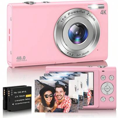 Nicamery Cámara de vlogging con enfoque automático 4K, cámara digital compacta de 48MP con zoom 16X, tarjeta SD de 32GB, 2 baterías, cámara compacta portátil adecuada para adolescentes, adultos y principiantes