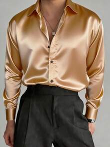 WAIT HIM Men's Satin Long Sleeve Shirt For Ball, Wedding - Gold - View 5