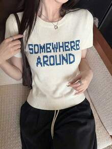 Women's Spring/Summer Retro Casual Short-Sleeve Knit Sweater | Round Neck Top With Letter Jacquard Pattern - Apricot - View 2