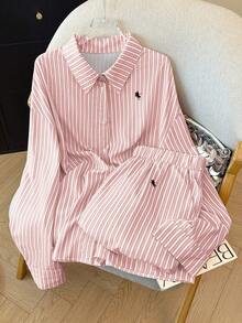 PARARAL Plus Size Women's Fashion Resort Striped Embroidered Long Sleeve Shirt & Wide Leg Pants 2-Piece Set, Casual Vacation Outfit For Women, Spring Elegant Pink - Pink - View 4