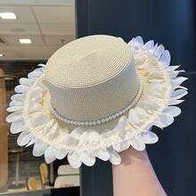 Sweet-Style Pearl Lace Straw Hat For Women, New Spring/Summer Wide-Brimmed Outdoor Sun Protection Hat, White Fedora Suitable For Use On The Beach And In Outdoor Activities. - 米色 - 查看 9