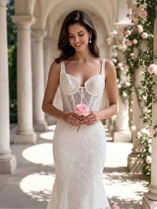 HEARBOBO Elegant Luxury Sleeveless Bridal Dress, Baroque White Lace Engagement Backless Mermaid Bohemian Wedding Gown With Train - White - View 3