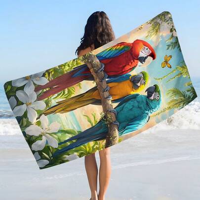 1条鹦鹉印花沙滩巾，柔软舒适轻便，适合旅行、游泳、潜水、冲浪、瑜伽、露营等活动，是沙滩用品的理想之选。