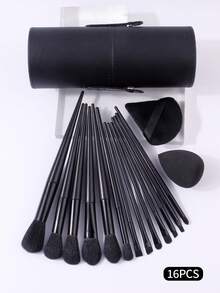 16Pcs Professional Makeup Brush Set With Storage Bucket, Sponge & Powder Puff, Travel Friendly Makeup Kit - Black - View 4
