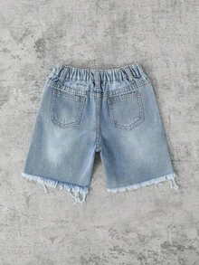 Nuevos shorts vaqueros azules básicos y sencillos con efecto desgastado de moda, para primavera/verano - Azul - Ver 5