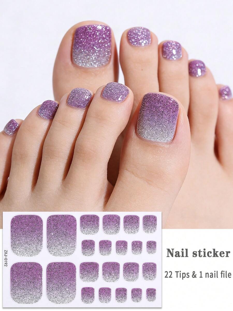 22 piezas de tiras de uñas de los pies con degradado púrpura y brillo para primavera/verano, pegatinas de uñas de los pies de lujo exquisitas, fáciles de aplicar, adecuadas para manicuras caseras de damas