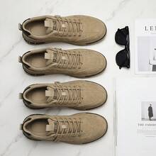 Botines Bajos para Hombre Estilo  y Tenis Casuales de Moda Urbana, Calzado de Cuero Sintético PU con Cordones y Detalle de Letras, Zapatos de Caballero Transpirables y Cómodos, Suela Antideslizante Resistente al Desgaste, Botas Cortas Estilo Retro Elegante y Versátil para Uso Diario - Caqui - Ver 1